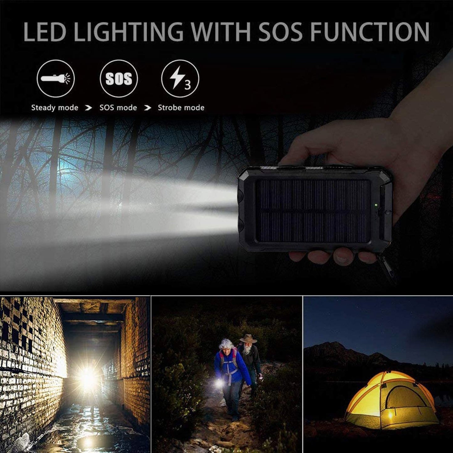 冒険旅行用LED懐中電灯,20000mAh,屋外サバイバル機器,防水ソーラー充電器,冒険者用